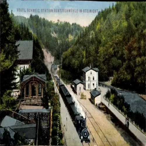 Ak Steinicht Pöhl im Vogtland, Station Rentzschmühle, Eisenbahn