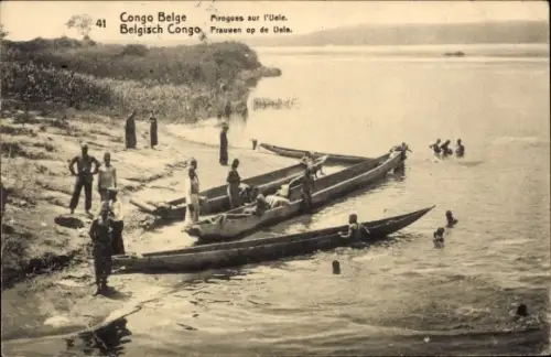 Ak Congo Belge DR Kongo Zaire,  Belgisch Congo, Pirogues sur l'Uele, Frauen op de Uele