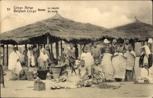 Ak Boma Congo Belge DR Kongo Zaire, Marktszene, Menschen, Hütten, afrikanische Kultur,  Aufnahme
