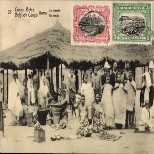 Ak Boma Congo Belge DR Kongo Zaire, Marktszene, viele Menschen, traditionelle Kleidung, Marktstän