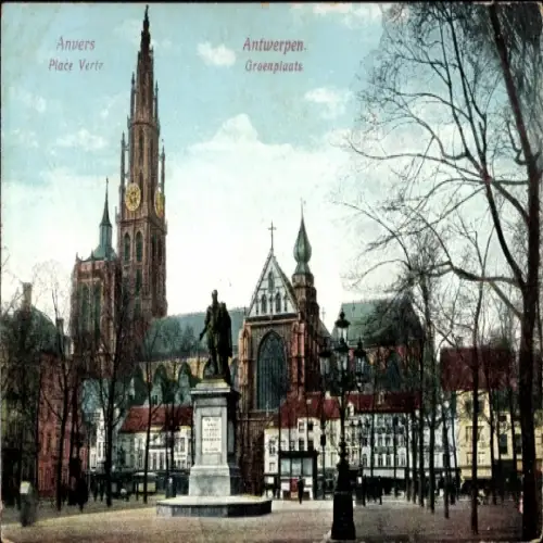 Ak Antwerpen Flandern, Stadtansicht mit Kirche, Platz, Statue,  Architektur
