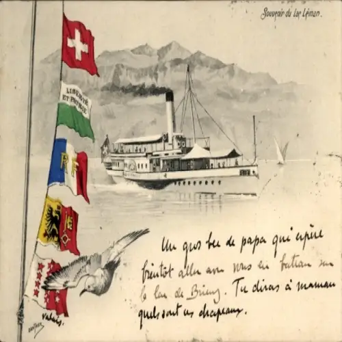 Ak Genf Kanton Schweiz, Lac Leman, Dampfer, Möwe, Fahnen
