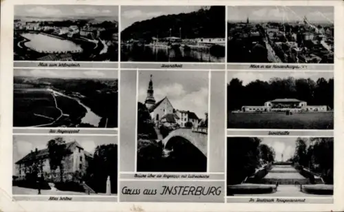 Ak Tschernjachowsk Insterburg Ostpreußen, Panorama, Brücke, Stadtpark, Kriegerdenkmal, Sporthalle