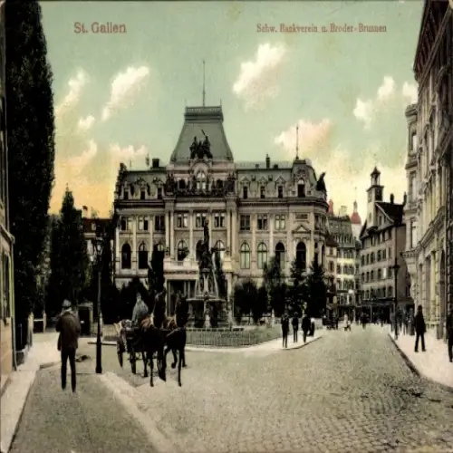 Ak Sankt Gallen Stadt Schweiz, Schw. Bankverein und Broder-Brunnen