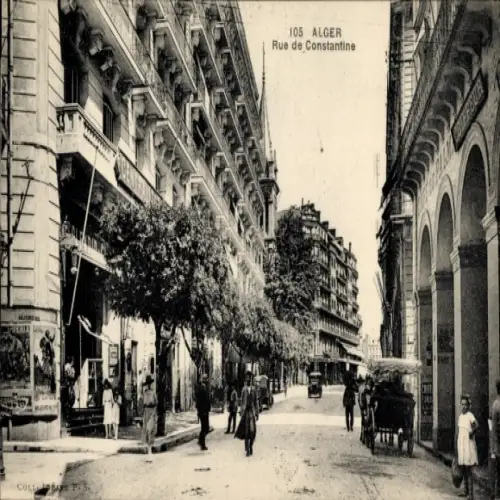 Ak Algier Alger Algerien, Straße mit Bäumen, alte Gebäude, Menschen auf der Straße