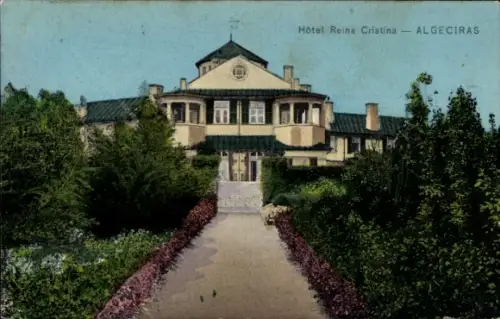 Ak Algeciras Andalusien, Hôtel Reina Cristina,  Gebäude mit Garten, bunte Blüten