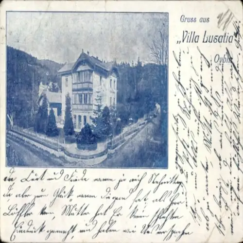 Ak Oybin in der Oberlausitz, Postkarte von Villa Lusatia, Bilder von einer Villa, Grüntöne, La...