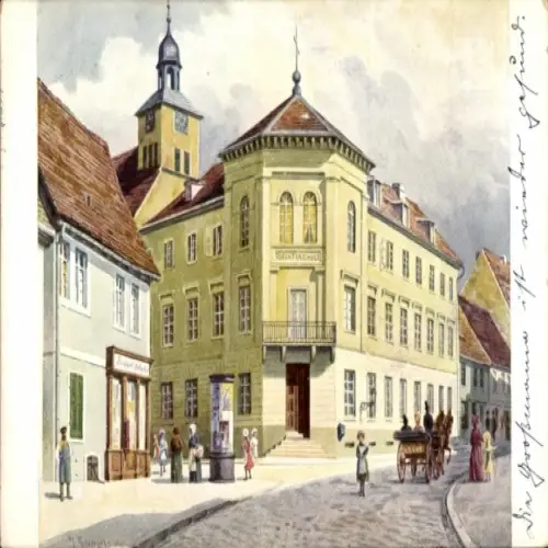 Ak Cöthen Köthen in Anhalt, Zweistöckiges Gebäude, Uhrturm,  Architektur, kleine Menschenmenge