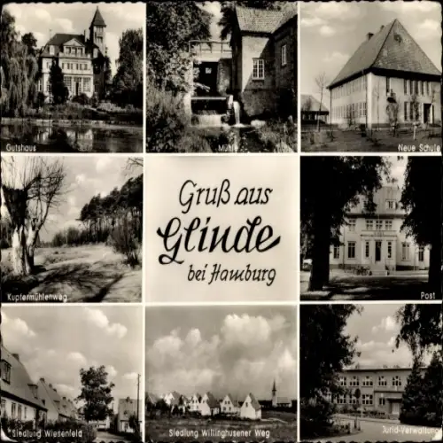 Ak Glinde in Schleswig Holstein, Gutshaus, Neue Schule, Mühle, Post, Jurid Verwaltung, Siedlung