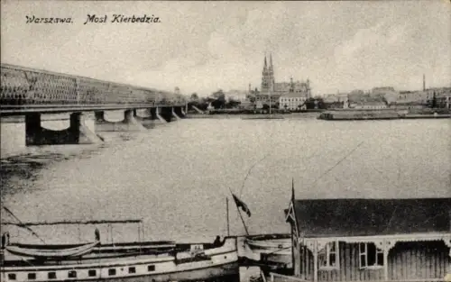 Ak Warszawa Warschau Polen, Brücke über den Fluss, Stadtansicht, fahrende Boote,  Architektur