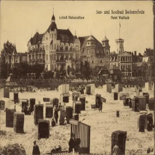 Ak Świnoujście Swinemünde Pommern, Schloß Hohenzollern, See- und Soolbad, Hotel Walfisch, Strandk