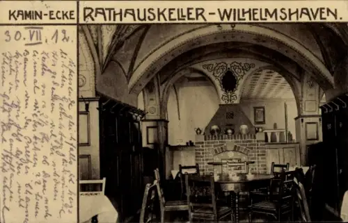 Ak Wilhelmshaven an der Nordsee, Kamin-Ecke, Rathauskeller, Innenansicht, rustikale Möbel
