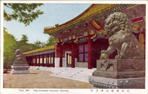 Ak Beijing Peking China, Sommerpalast, Löwenstatuen, asiatische Architektur