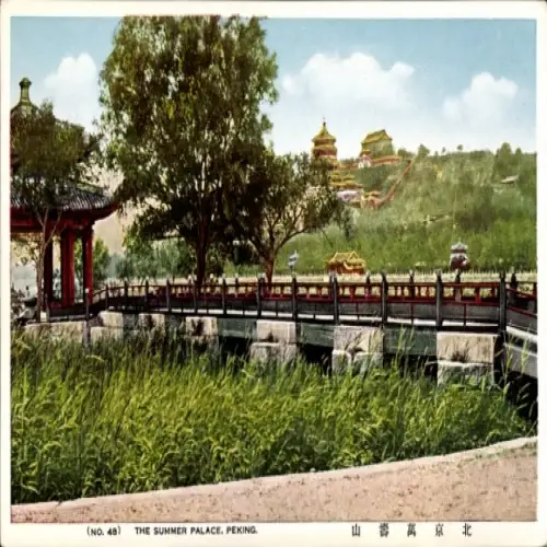 Ak Beijing Peking China, Sommerpalast, Brücke, Bäume, Hügel, traditioneller chinesischer Stil
