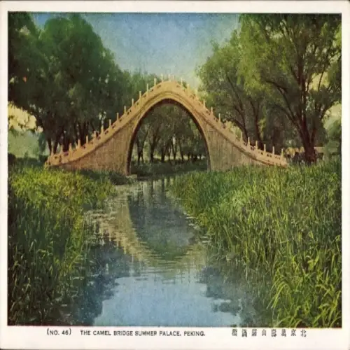 Ak Beijing Peking China, Kamelbrücke, Sommerpalast, Wasser, grüne Wiese, Bäume
