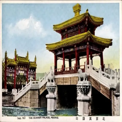 Ak Beijing Peking China, Sommerpalast, Architektur, Brücke, Löwenstatuen, Wasser