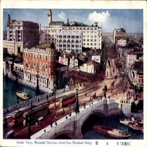 Ak Kyōbashi Tokyo Tokio Japan, Nihonbashi Brücke, Mitsukoshi Kaufhaus, städtische Szene, boote
