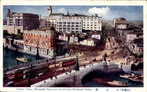 Ak Kyōbashi Tokyo Tokio Japan, Nihonbashi Brücke, Mitsukoshi Kaufhaus, städtische Szene, boote