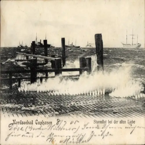 Ak Nordseebad Cuxhaven, Nordseebad  Sturmflut, alte Liebe, Wellen, Holzsteg