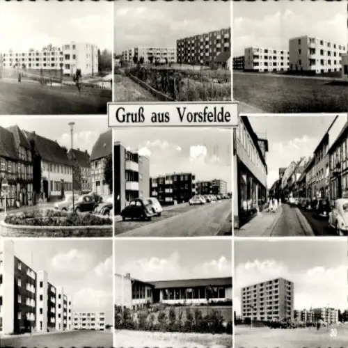 Ak Vorsfelde Wolfsburg in Niedersachsen, nansicht mit Häusern, Straßen und Autos, Gruß aus Vorsfe