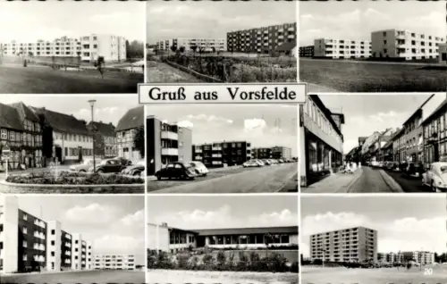 Ak Vorsfelde Wolfsburg in Niedersachsen, nansicht mit Häusern, Straßen und Autos, Gruß aus Vorsfe