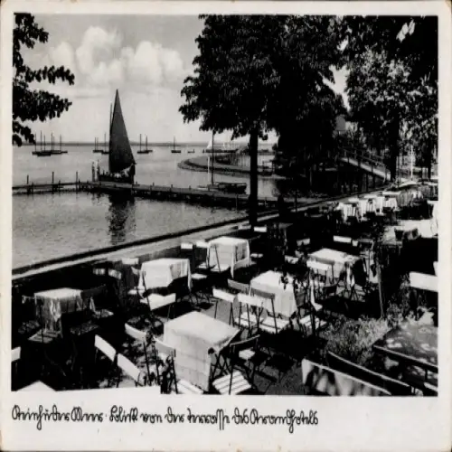 Ak Steinhude Wunstorf in Niedersachsen, Tische am Wasser, Segelboot, Bäume, Restaurant-Atmosphäre