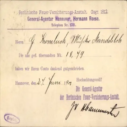 Ak Hannover in Niedersachsen, Berlinsche Feuer-Versicherungs-Anstalt, General Agentur