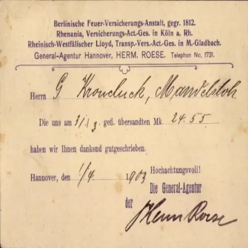 Ak Hannover in Niedersachsen, Berlinsche Feuer-Versicherungs-Anstalt, General Agentur