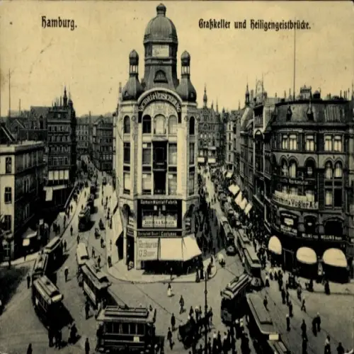 Ak Hamburg Mitte Altstadt,  Graßkeller und Heiligengeistbrücke,  Architektur, Straßenansicht