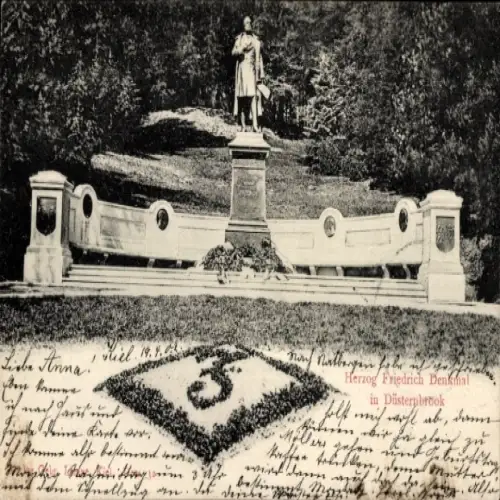 Ak Düsternbrook Kiel, Herzog Friedrich Denkmal, Statue, Grünanlagen, Rückenansicht der Statue
