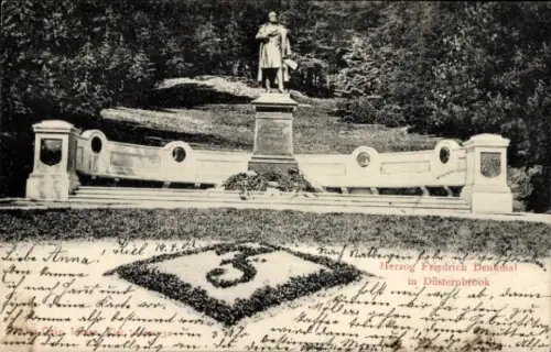 Ak Düsternbrook Kiel, Herzog Friedrich Denkmal, Statue, Grünanlagen, Rückenansicht der Statue