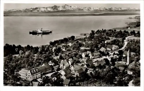 Ak Fischbach Friedrichshafen am Bodensee, Landschaft am Bodensee, Schiff auf dem Wasser, Häuseran