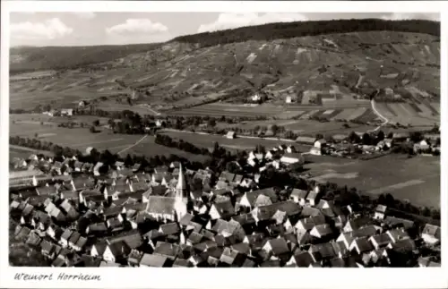Ak Horrheim Vaihingen an der Enz, Landschaft, Weinort  Kirche, Felder, Berge