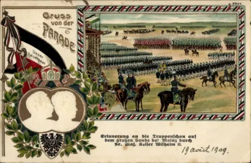 Präge Ak Mainz, Parade, Deutsche Soldaten, Kaiser Wilhelm II., Kaiserin Auguste