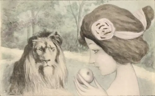 Künstler Ak Patella, Junge Frau mit Apfel, Löwe