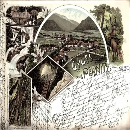 Litho Pernitz Niederösterreich, Gesamtansicht, Wasserfall, Hirsch