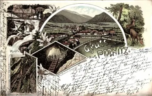 Litho Pernitz Niederösterreich, Gesamtansicht, Wasserfall, Hirsch