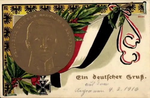 Präge Ak Friedrich Wilhelm, Porträt, Fahne, Eisernes Kreuz