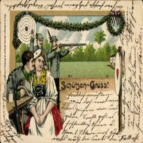 Litho Schützen, Liebespaar, Schießscheibe