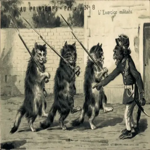 Litho Vermenschlichte Tiere, Katzen als Soldaten, Militär