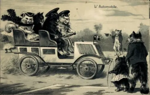 Litho Vermenschlichte Tiere, Katzen fahren Auto