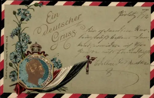 Ak Kaiser Wilhelm II., Blumen, Krone, Fahne