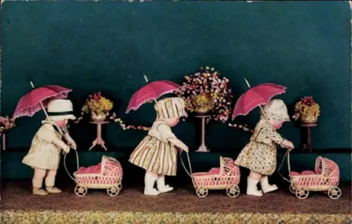 Ak Puppen, Puppenwagen, Blumen, Sonnenschirm