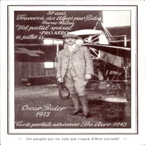 CPA Pro Aero 1943, Oscar Bider 1913, Traversee des Alpes