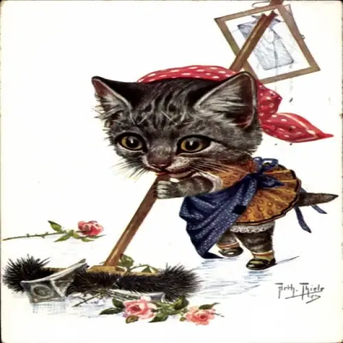 Künstler Ak Thiele, A., Katze beim Putzen, Besen, Blumen