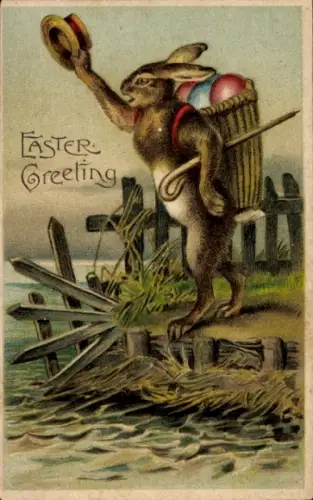 Ak Glückwunsch Ostern, Osterhase, Korb, Ostereier