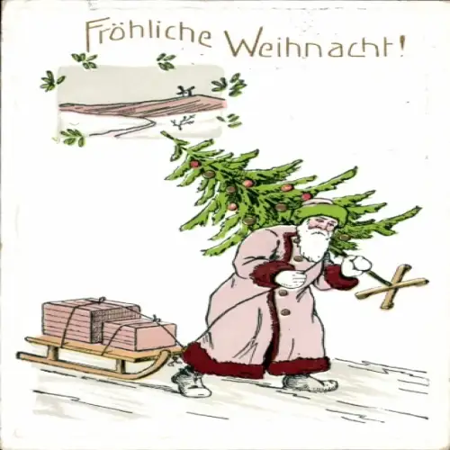 Ak Glückwunsch Weihnachten, Weihnachtsmann, Tannenbaum, Schlitten