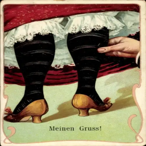 Jugendstil Litho Meinen Gruß, Frauenbeine, Strümpfe, Mann kneift Frau in die Wade