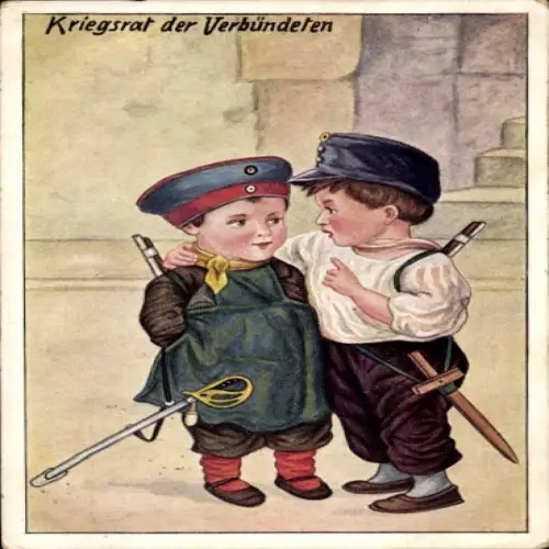 Künstler Ak Zwei Kinder in Uniformen, Kriegsrat der Verbündeten