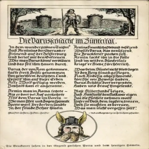 Ak Gedicht Die Varusschlacht im Sünteltal, Krieger, Speer, Mauer